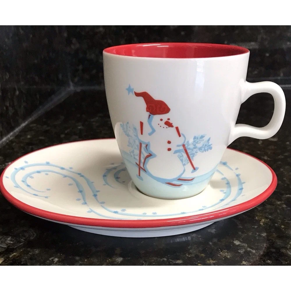 Set of 2 Starbucks 2007 Christmas Coffee Cup & Saucer Holiday‎ Snowman & Penguin